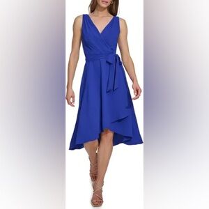 DKNY Wrap Front Sleeveless Cobalt Blue High-Low Dress Stretchy Size 6